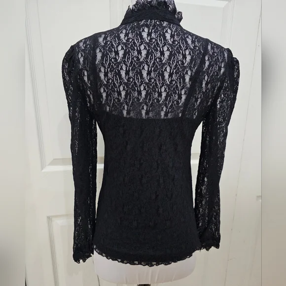 Apt 9 Black Lace v neck Ruffle Detail Long Sleeve Top Blouse S - Picture 5 of 8